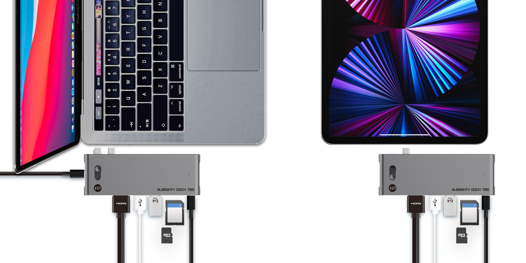 MacBook ProのThunderbolt 3（USB-C）ポートを7つのポートに拡張！スライドスイッチを使用すれば、iPadやWindows PCでも6 in 1 USBハブとして利用可能
